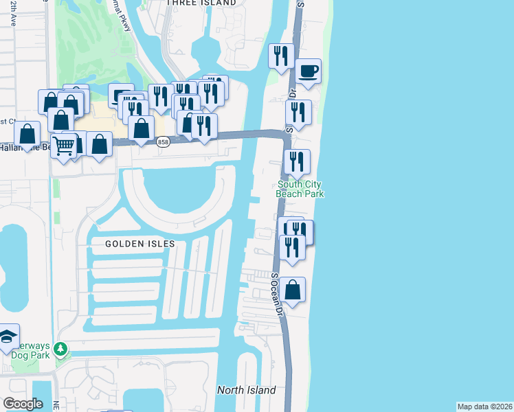 map of restaurants, bars, coffee shops, grocery stores, and more near 1889 South Ocean Drive in Hallandale Beach