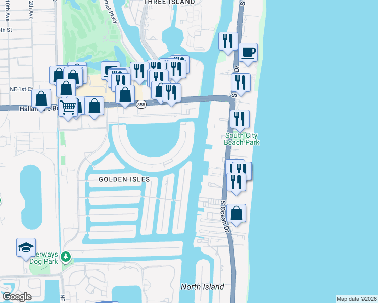 map of restaurants, bars, coffee shops, grocery stores, and more near 111 Golden Isles Drive in Hallandale Beach