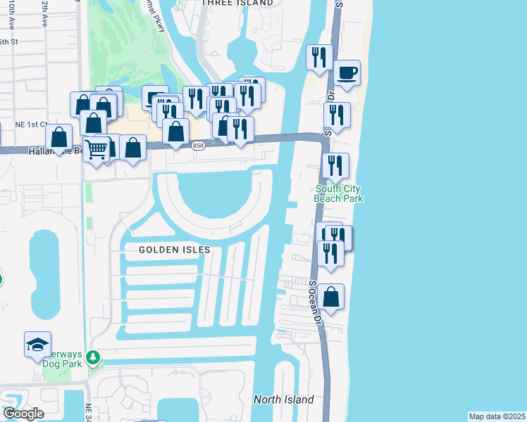 map of restaurants, bars, coffee shops, grocery stores, and more near 111 Golden Isles Drive in Hallandale Beach