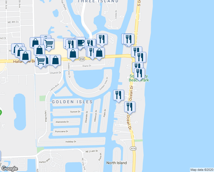 map of restaurants, bars, coffee shops, grocery stores, and more near 120 Golden Isles Drive in Hallandale Beach