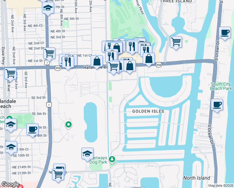 map of restaurants, bars, coffee shops, grocery stores, and more near 580 Blue Heron Drive in Hallandale Beach