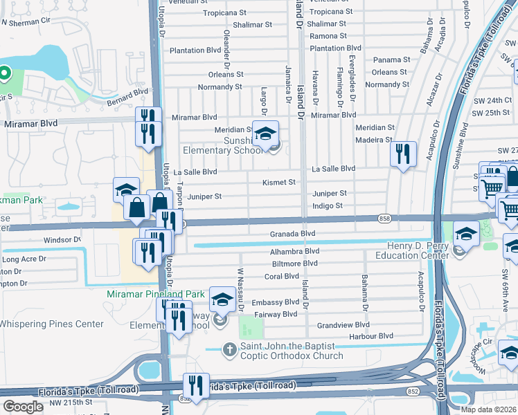 map of restaurants, bars, coffee shops, grocery stores, and more near 7782 Juniper Street in Miramar