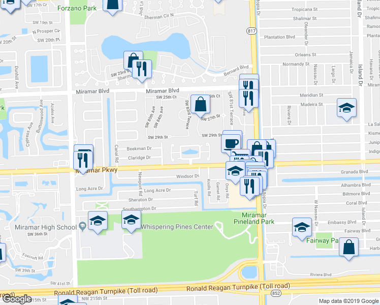 map of restaurants, bars, coffee shops, grocery stores, and more near 8389 North Missionwood Circle in Miramar