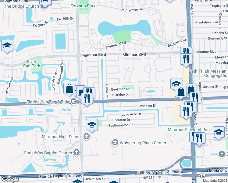 map of restaurants, bars, coffee shops, grocery stores, and more near 8621 Beekman Drive in Miramar