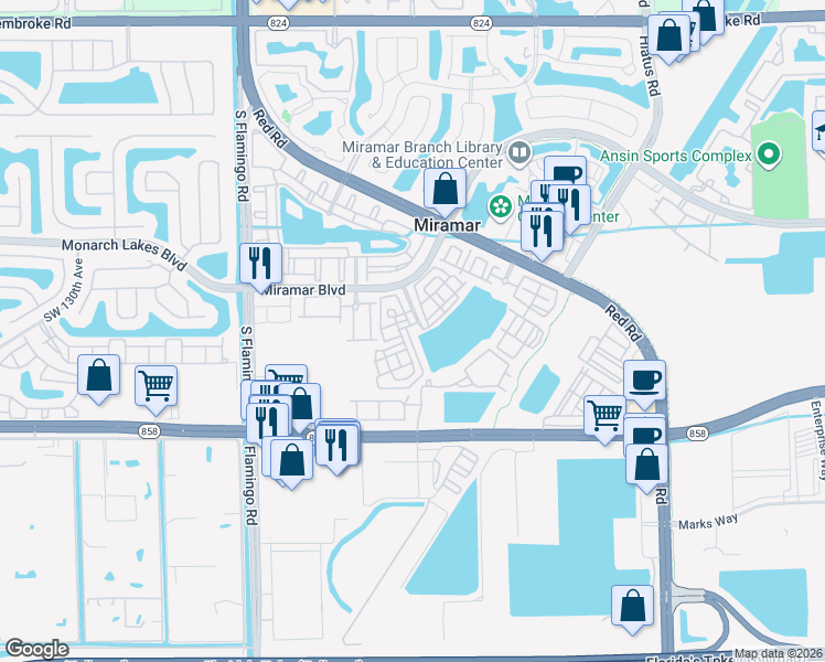 map of restaurants, bars, coffee shops, grocery stores, and more near 2586 Southwest 119th Way in Miramar