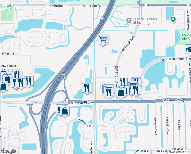 map of restaurants, bars, coffee shops, grocery stores, and more near 14751 Hotel Road in Miramar
