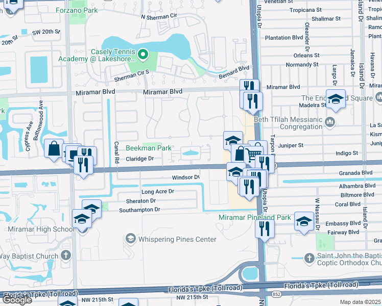 map of restaurants, bars, coffee shops, grocery stores, and more near 8389 North Missionwood Circle in Miramar