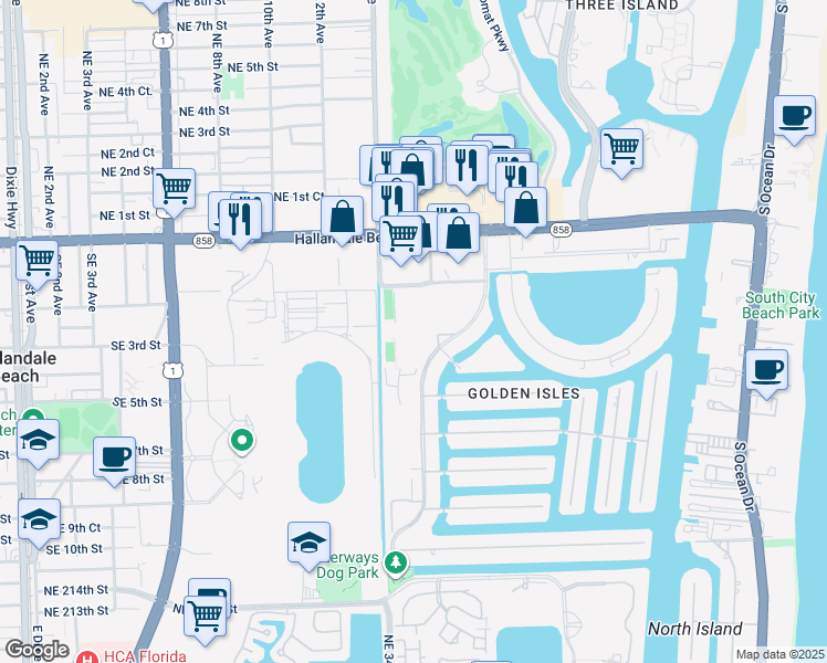 map of restaurants, bars, coffee shops, grocery stores, and more near 580 Blue Heron Drive in Hallandale Beach