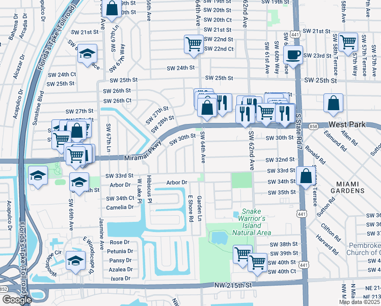 map of restaurants, bars, coffee shops, grocery stores, and more near 3130 Southwest 64th Terrace in Miramar