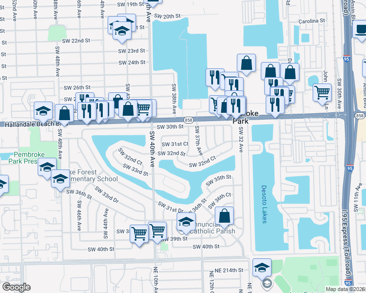 map of restaurants, bars, coffee shops, grocery stores, and more near 3830 Southwest 31st Street in West Park