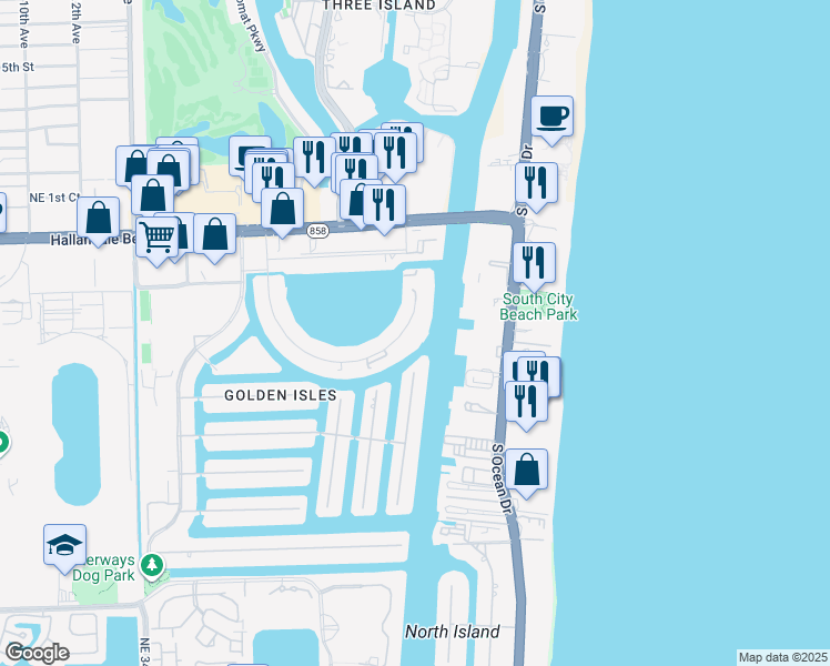 map of restaurants, bars, coffee shops, grocery stores, and more near 121 Golden Isles Drive in Hallandale Beach