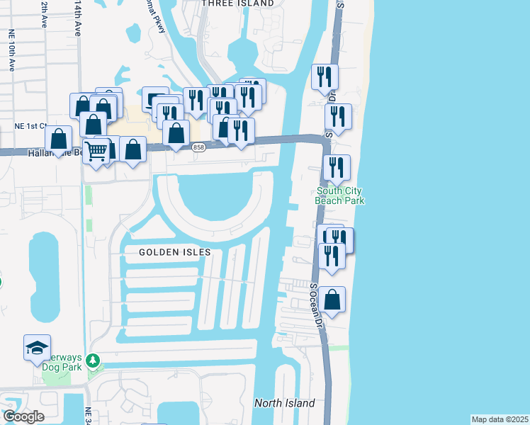 map of restaurants, bars, coffee shops, grocery stores, and more near 111 Golden Isles Drive in Hallandale Beach