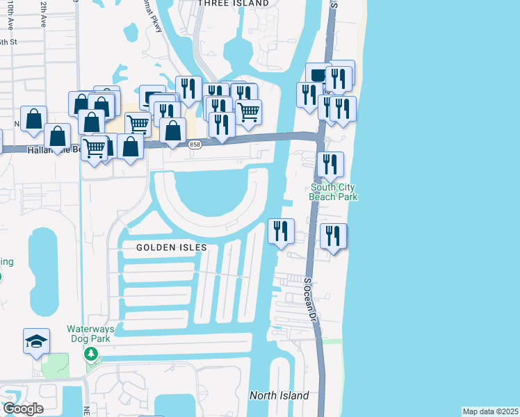 map of restaurants, bars, coffee shops, grocery stores, and more near 111 Golden Isles Drive in Hallandale Beach