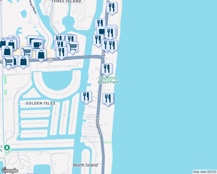map of restaurants, bars, coffee shops, grocery stores, and more near 1890 South Ocean Drive in Hallandale Beach