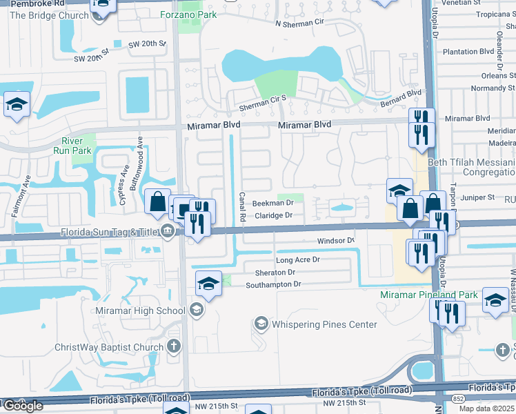 map of restaurants, bars, coffee shops, grocery stores, and more near 8621 Beekman Drive in Miramar