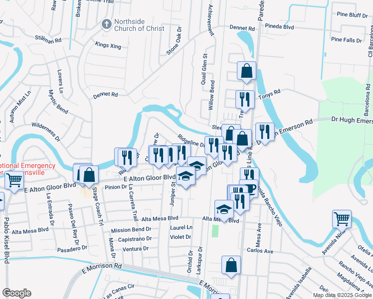 map of restaurants, bars, coffee shops, grocery stores, and more near 5271-5273 Ridgeline Dr in Brownsville