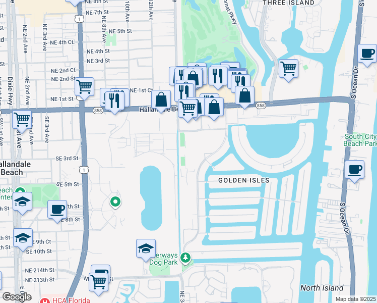 map of restaurants, bars, coffee shops, grocery stores, and more near 580 Blue Heron Drive in Hallandale Beach