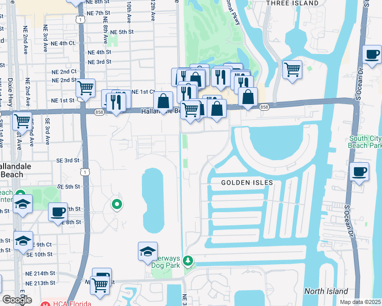 map of restaurants, bars, coffee shops, grocery stores, and more near 580 Blue Heron Drive in Hallandale Beach