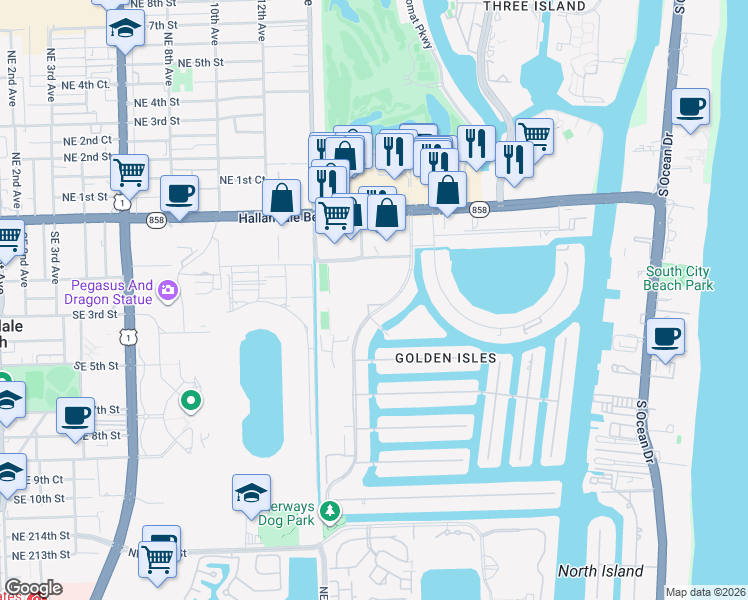 map of restaurants, bars, coffee shops, grocery stores, and more near 62 Blue Heron Drive in Hallandale Beach