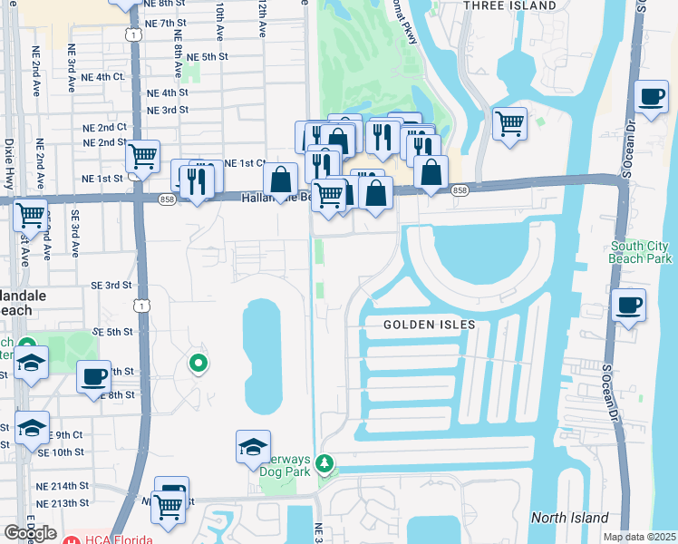 map of restaurants, bars, coffee shops, grocery stores, and more near 580 Blue Heron Drive in Hallandale Beach