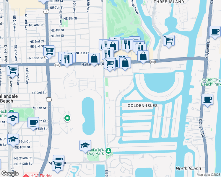 map of restaurants, bars, coffee shops, grocery stores, and more near 580 Blue Heron Drive in Hallandale Beach