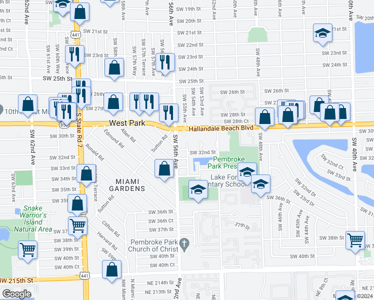 map of restaurants, bars, coffee shops, grocery stores, and more near 3153 Southwest 55th Avenue in Pembroke Park