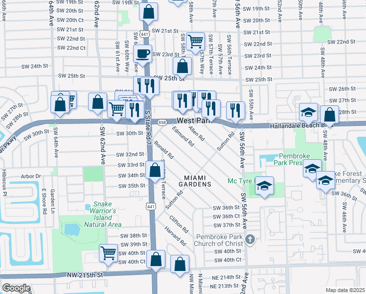 map of restaurants, bars, coffee shops, grocery stores, and more near 20 Edmund Road in West Park