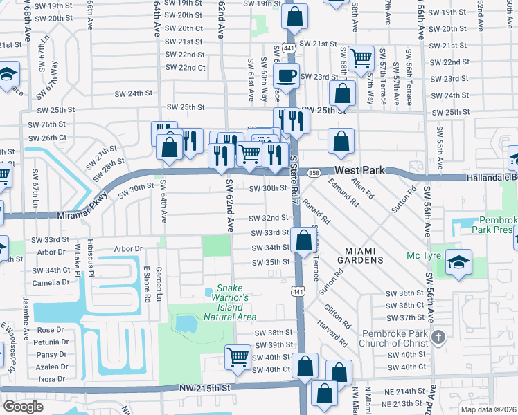 map of restaurants, bars, coffee shops, grocery stores, and more near 6121 Southwest 31st Street in Miramar