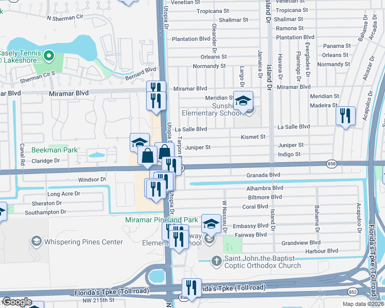 map of restaurants, bars, coffee shops, grocery stores, and more near 7937 Juniper Street in Miramar
