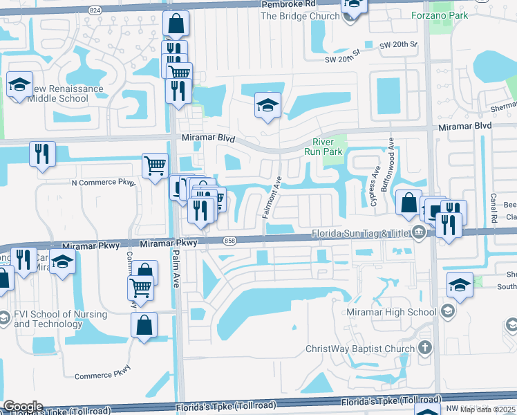 map of restaurants, bars, coffee shops, grocery stores, and more near 3031 Thames Way in Miramar