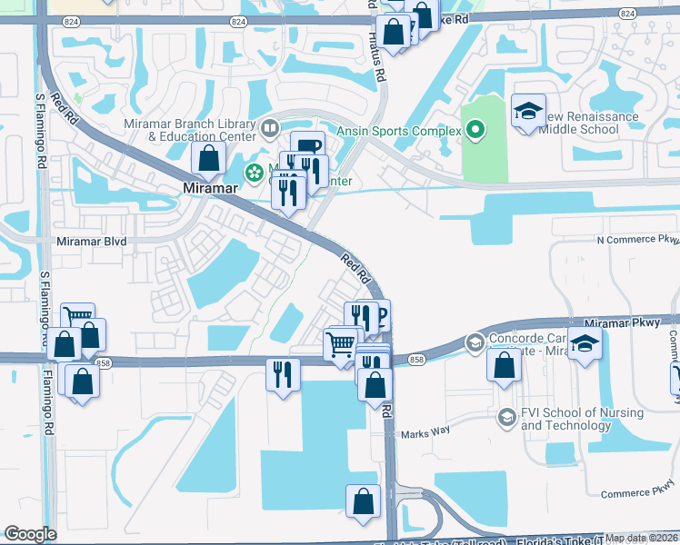 map of restaurants, bars, coffee shops, grocery stores, and more near 2650 Southwest 114th Terrace in Pembroke Pines