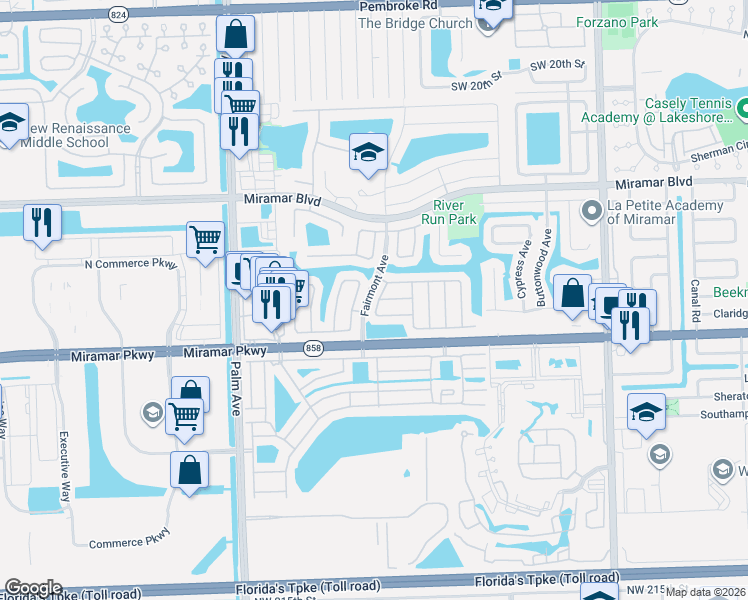 map of restaurants, bars, coffee shops, grocery stores, and more near 3030 Pacific Way in Miramar