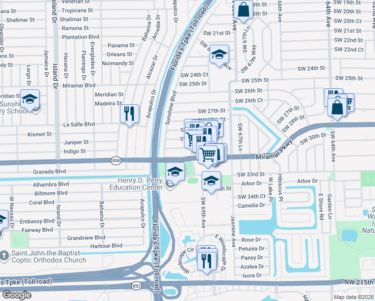 map of restaurants, bars, coffee shops, grocery stores, and more near 7001 Southwest 30th Street in Miramar