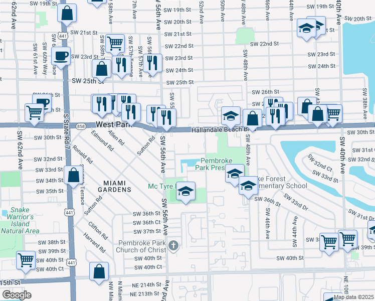 map of restaurants, bars, coffee shops, grocery stores, and more near 5333 Southwest 54th Avenue in Pembroke Park