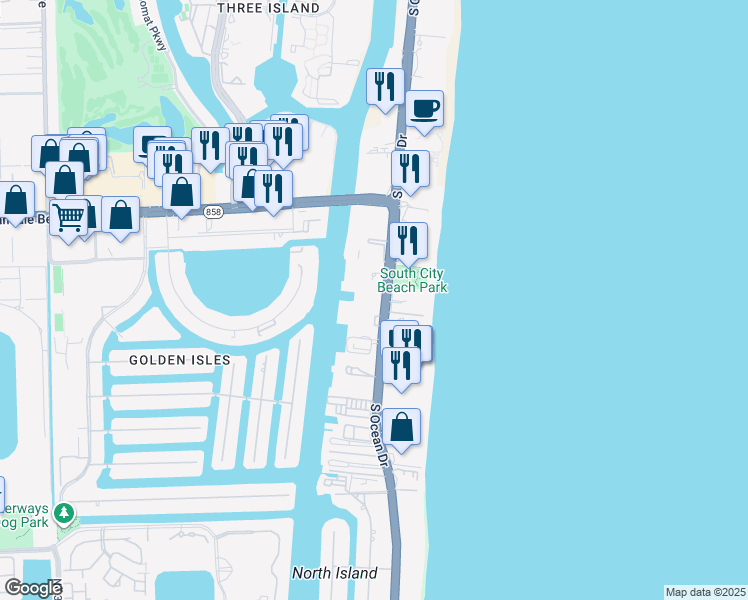 map of restaurants, bars, coffee shops, grocery stores, and more near 1889 South Ocean Drive in Hallandale Beach