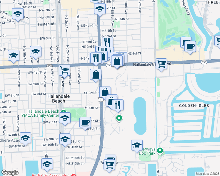 map of restaurants, bars, coffee shops, grocery stores, and more near 901 Federal Highway in Hallandale Beach