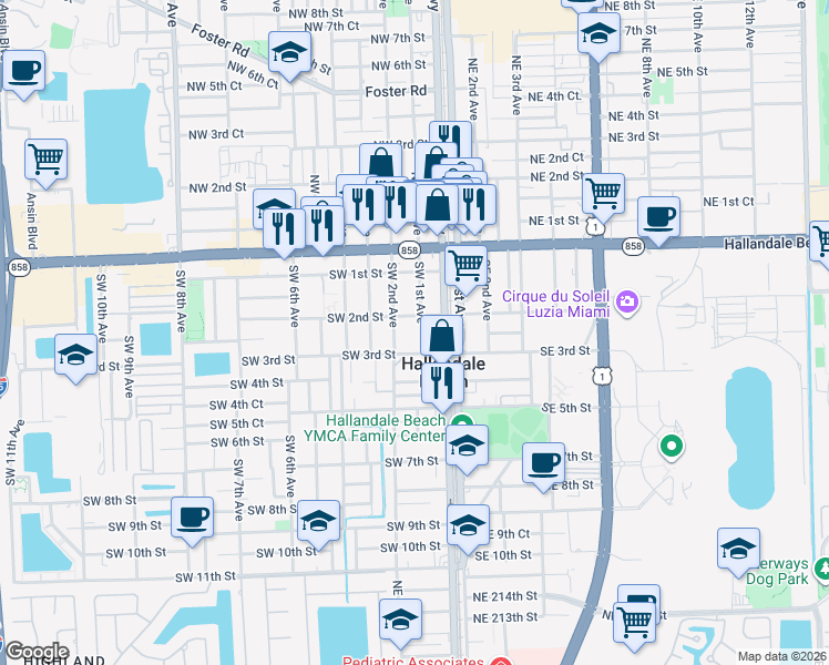 map of restaurants, bars, coffee shops, grocery stores, and more near 200 Southwest 1st Avenue in Hallandale Beach