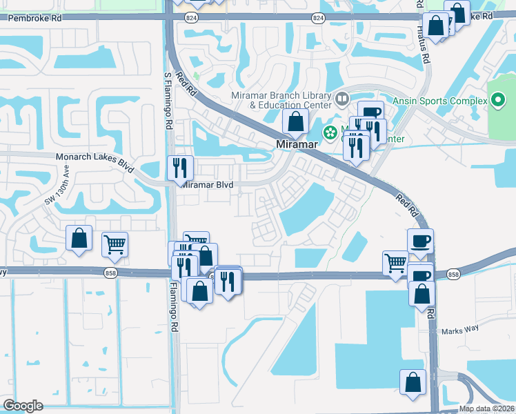 map of restaurants, bars, coffee shops, grocery stores, and more near 2586 Southwest 119th Way in Miramar