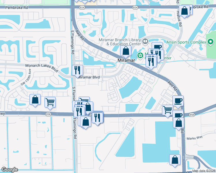 map of restaurants, bars, coffee shops, grocery stores, and more near 2656 Southwest 120th Terrace in Miramar
