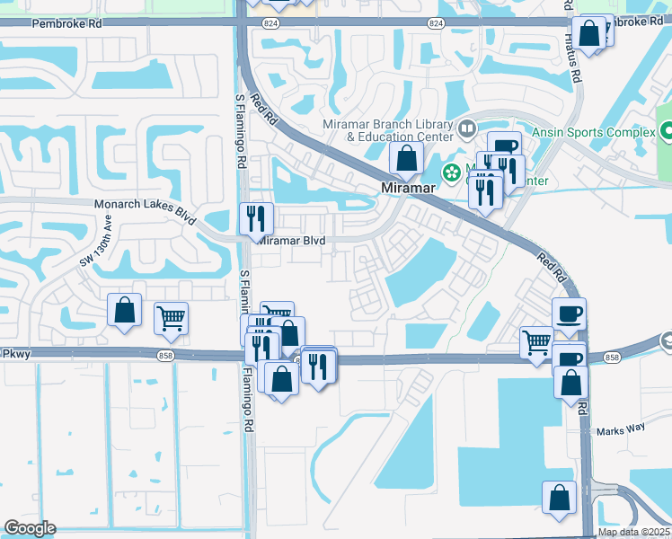 map of restaurants, bars, coffee shops, grocery stores, and more near 2656 Southwest 120th Terrace in Miramar