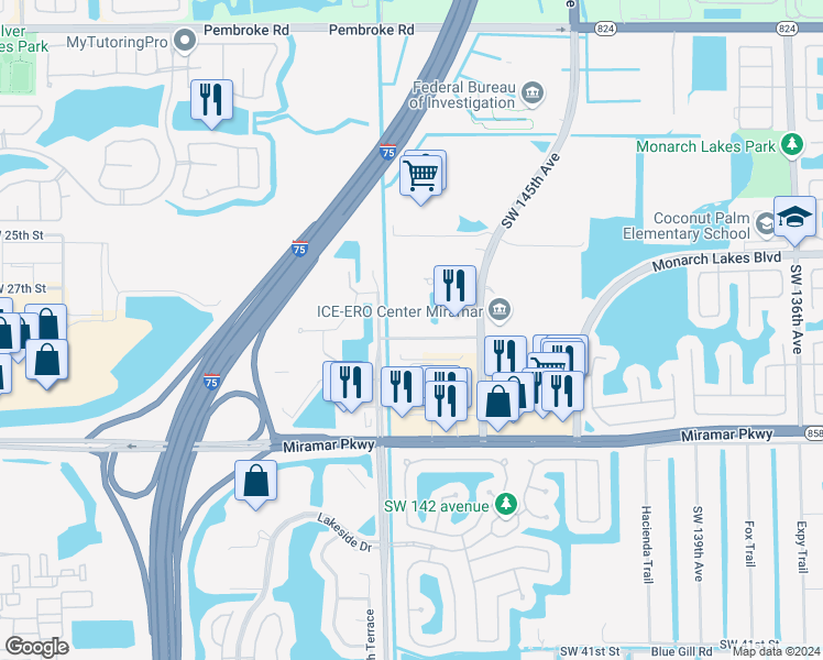 map of restaurants, bars, coffee shops, grocery stores, and more near 14751 Hotel Road in Miramar