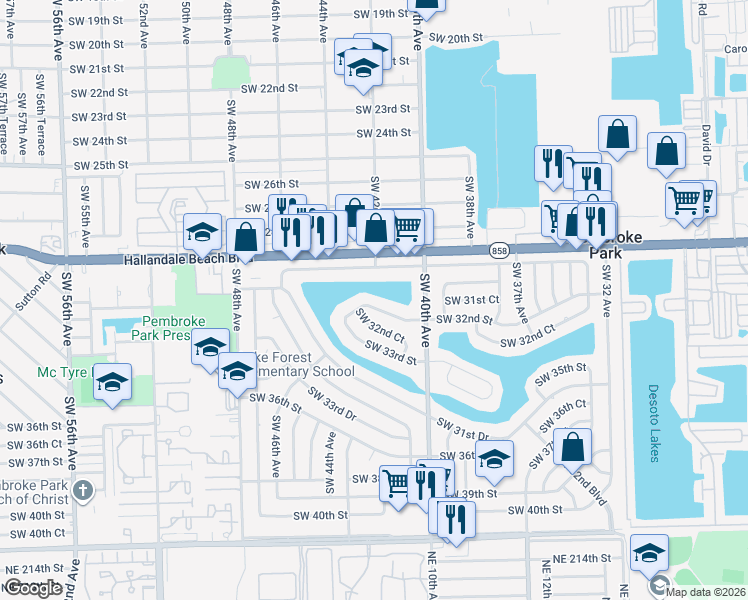 map of restaurants, bars, coffee shops, grocery stores, and more near 4221 Southwest 32nd Street in West Park