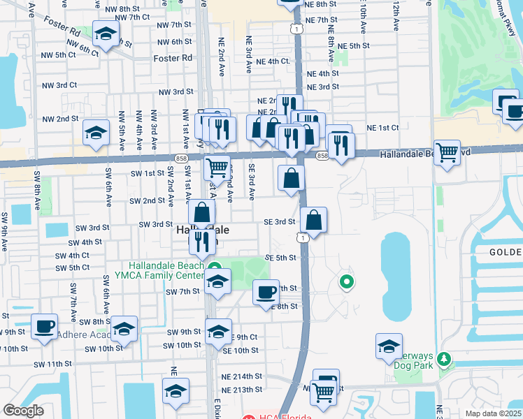 map of restaurants, bars, coffee shops, grocery stores, and more near 108 Southeast 2nd Street in Hallandale Beach