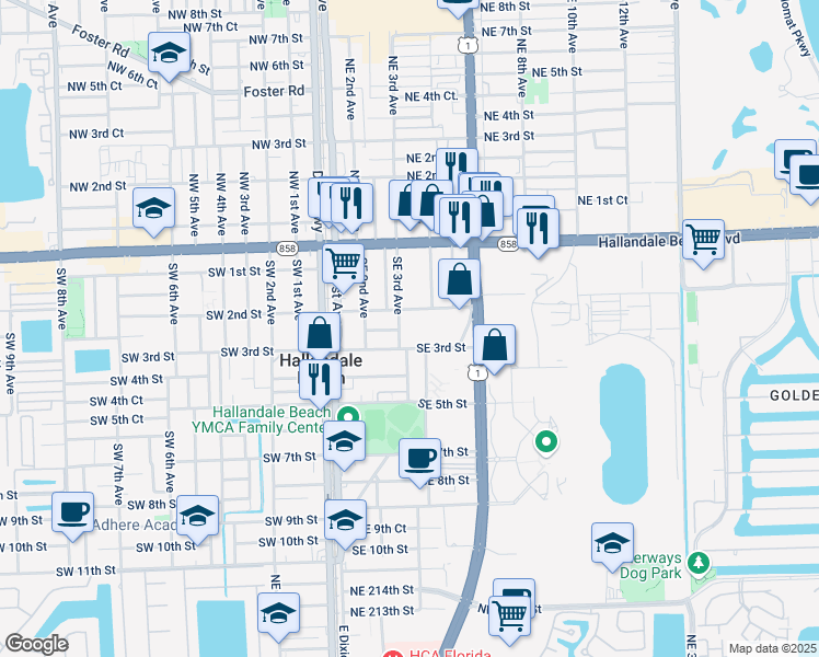 map of restaurants, bars, coffee shops, grocery stores, and more near 108 Southeast 2nd Street in Hallandale Beach