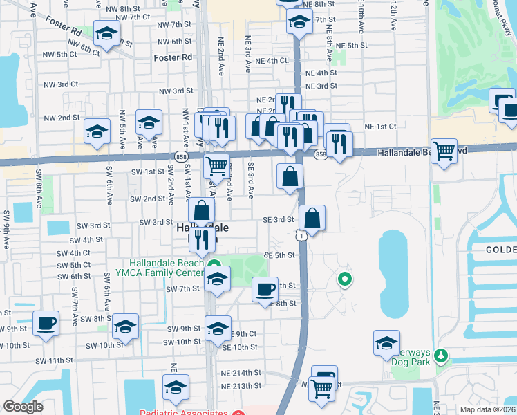 map of restaurants, bars, coffee shops, grocery stores, and more near 108 Southeast 2nd Street in Hallandale Beach