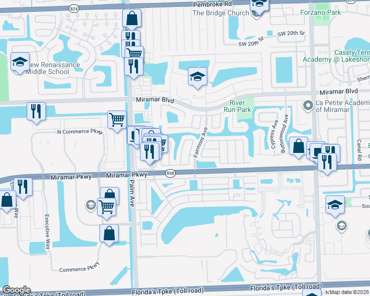 map of restaurants, bars, coffee shops, grocery stores, and more near 3031 Thames Way in Miramar