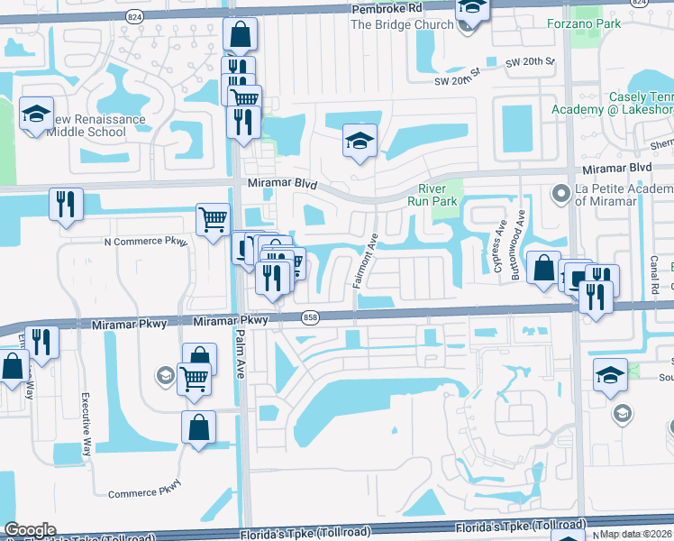 map of restaurants, bars, coffee shops, grocery stores, and more near 3111 Thames Way in Miramar