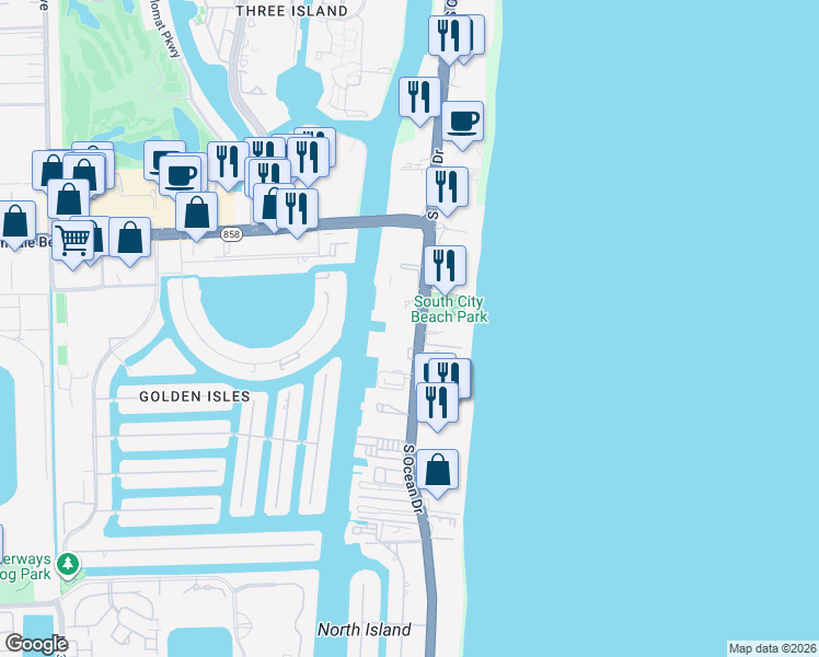 map of restaurants, bars, coffee shops, grocery stores, and more near 1893 South Ocean Drive in Hallandale Beach