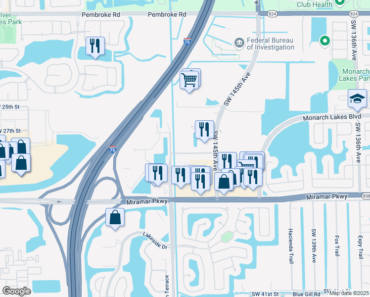 map of restaurants, bars, coffee shops, grocery stores, and more near 14751 Hotel Road in Miramar
