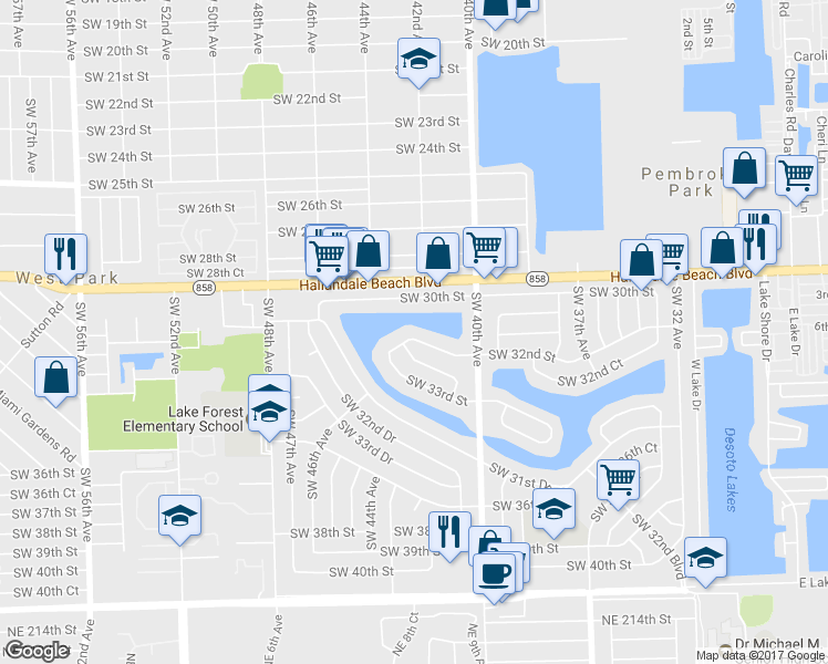 map of restaurants, bars, coffee shops, grocery stores, and more near 4221 Southwest 32nd Street in West Park